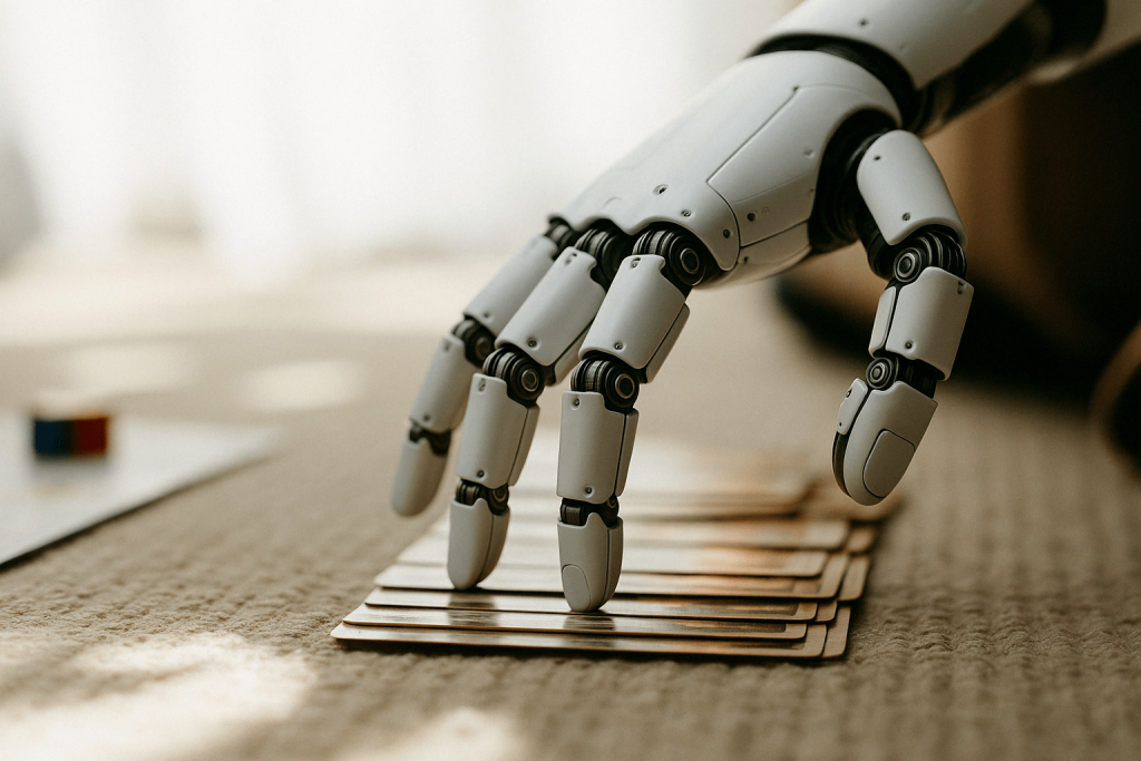 Image for AI in Game design showing a robot hand playing a board game